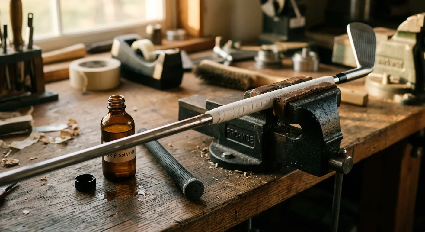 工作檯上以 vise 夾住桿身，雙面膠帶已纏繞完成，旁邊放著 GRIP SOLVENT 溶劑瓶與新握把