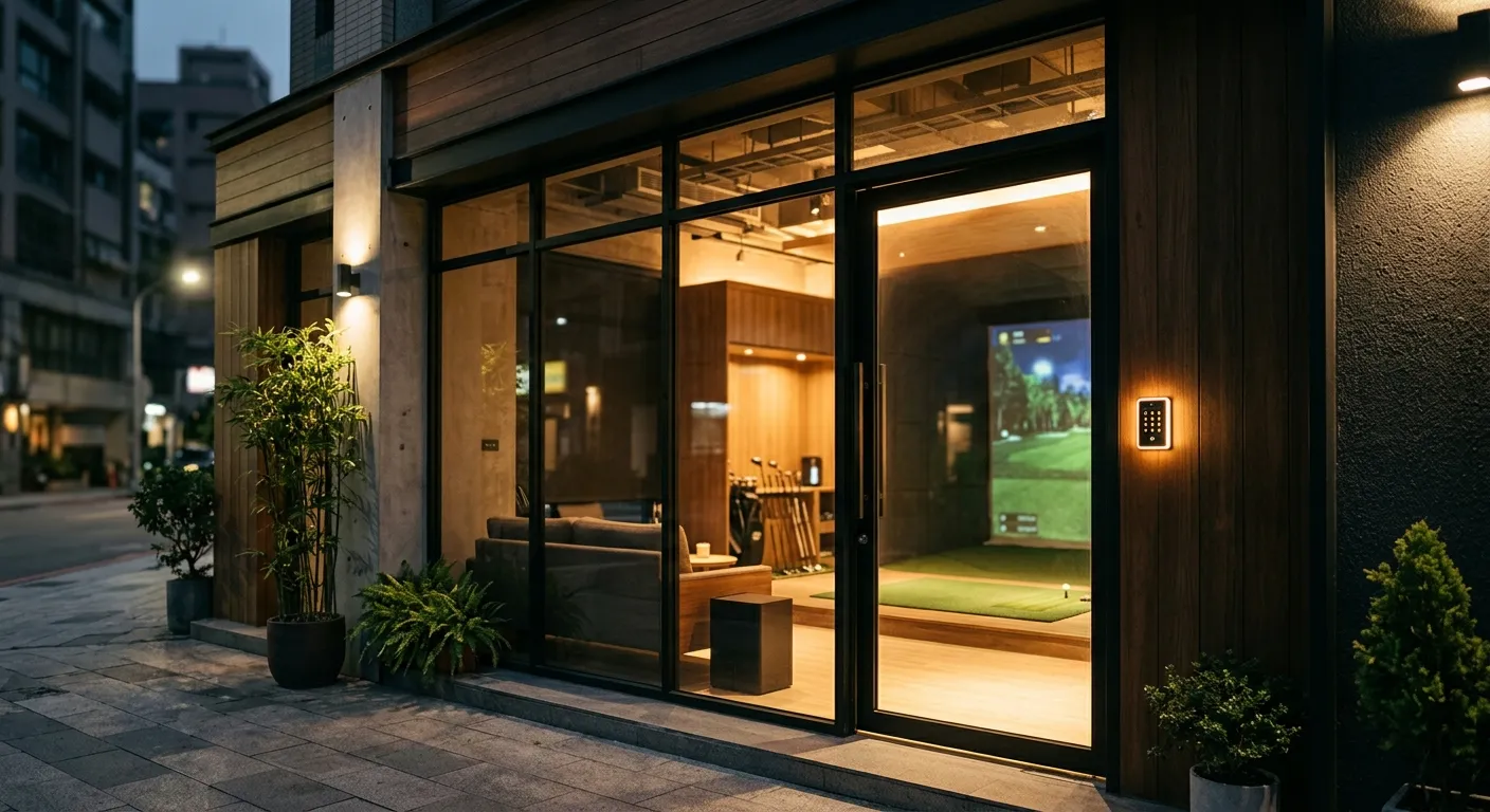 高雄 24 小時自助室內高爾夫店面入口，玻璃門旁設有發光門禁鍵盤